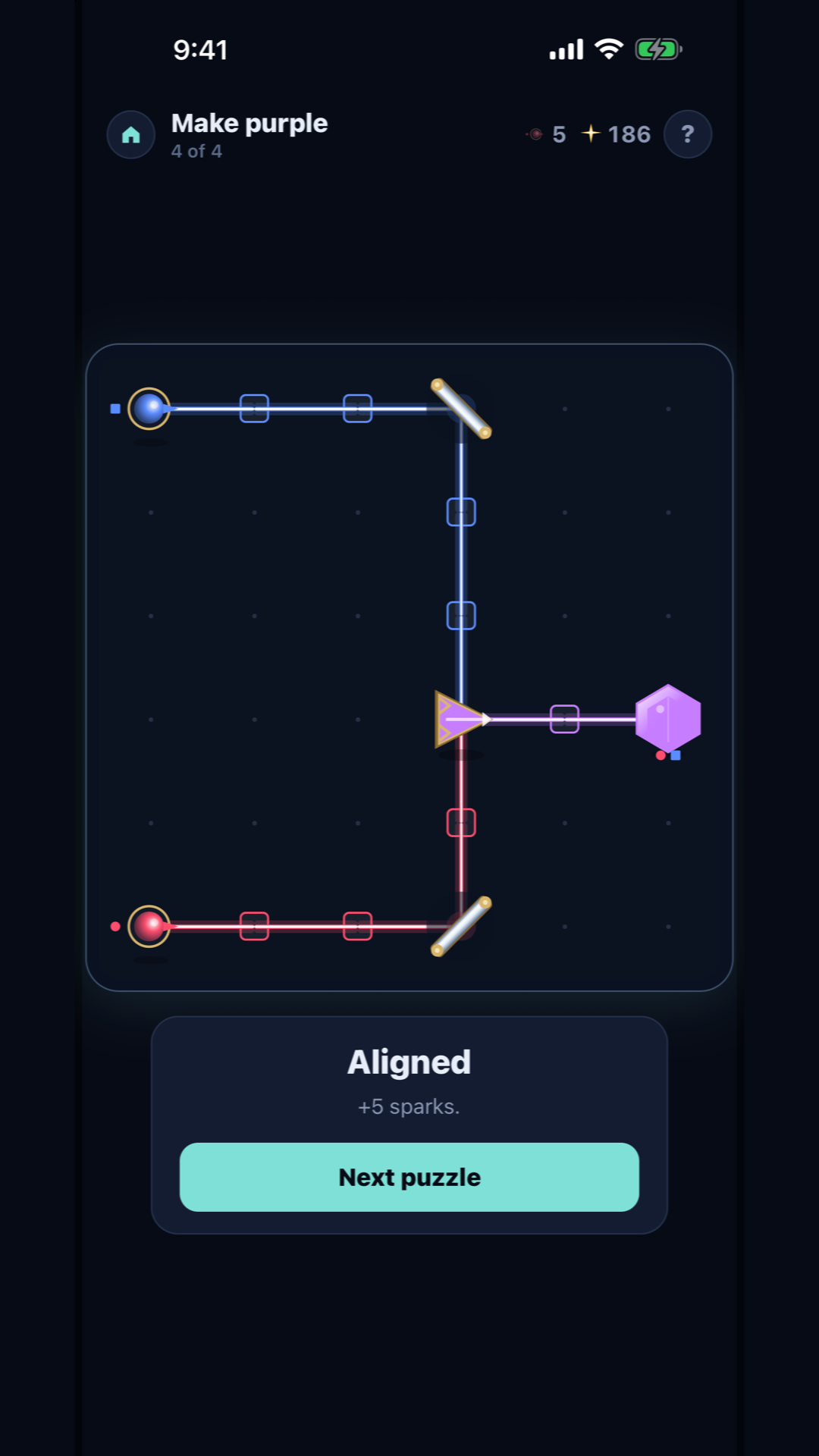 Two beams meet on a combiner and leave as one mixed color.